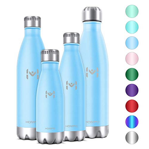 HOMPO Bottiglia Acqua in Acciaio Inox Borraccia Termica Isolamento Sottovuoto a Doppia Parete,Privo di BPA & Leakproof, Borracce per Bambini, Bici, Palestra(Blu, 500ml)