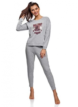 oodji Ultra Donna Pigiama in Cotone con Pantaloni, Grigio, IT 46 / EU 42 / L - 1