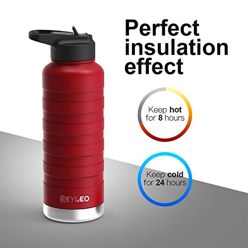 REYLEO Isolato Bottiglia d’Acqua con Coperchio di Paglia – 700 ml Rosso, 2 coperchi, 18/8 Bottiglia d’Acqua in Acciaio Inox, Mantenere Freddo 24 Ore & tiepido 8Ore