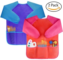 Amaza 2Pcs Grembiule da Pittura Scuola Grembiulino Maniche Lunghe Bambini 2-8 Anni (Blu & Rosso) - 1