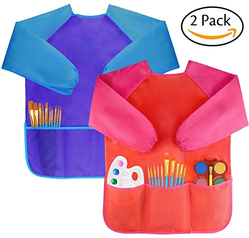 Amaza 2Pcs Grembiule da Pittura Scuola Grembiulino Maniche Lunghe Bambini 2-8 Anni (Blu & Rosso)