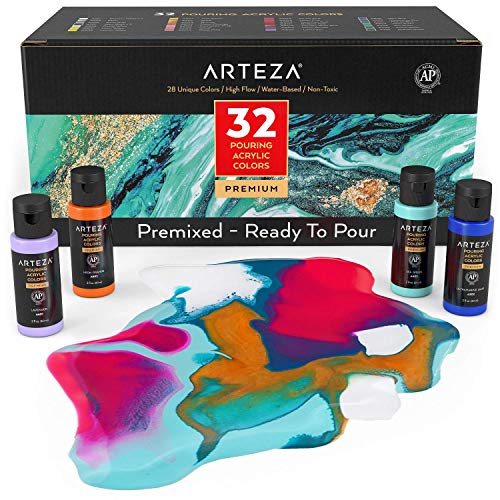 ARTEZA Colori Acrilici per Dipingere ad Alta Fluidità, Bottiglie da 60 ml, Set di 32 Colori Assortiti, Vernice Acrilica Liquida per Dipingere a Colata su Tela, Vetro, Carta, Legno, Ceramica e Sassi