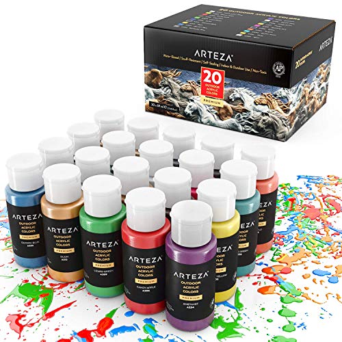 Arteza Colori Acrilici per Dipingere Resistenti da Esterno, Set di 20 Colori/Tubetti(59 ml) con Scatola, Ricchi di Pigmenti, Per Multi-Superfici come Sassi, Legno, Tessuti, Carta, Tela, Pittura Murale
