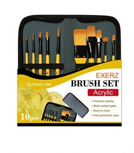 Exerz JH024 Set di pennelli per pittori - 10 pennelli professionali sintetici in una custodia protettiva da viaggio/perfetto per acrilico, acquerelli, tempera & pittura del viso - 1