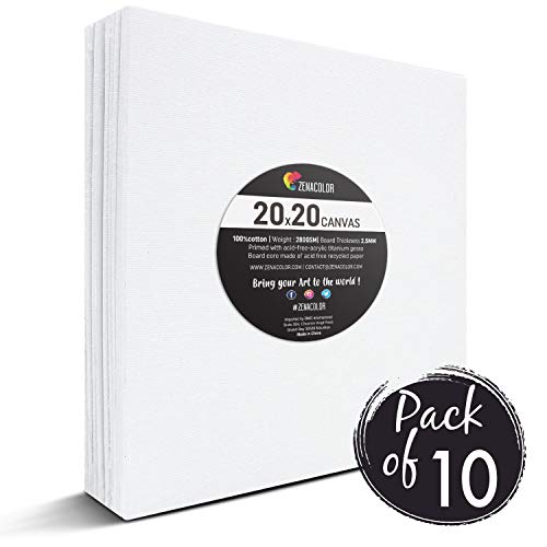 Zenacolor – Set di 10 Tele Cartonate per Dipingere 20 x 20 cm – Tutti i Tipi di Pittura su Tela – 100% Cotone Senza Acidi.