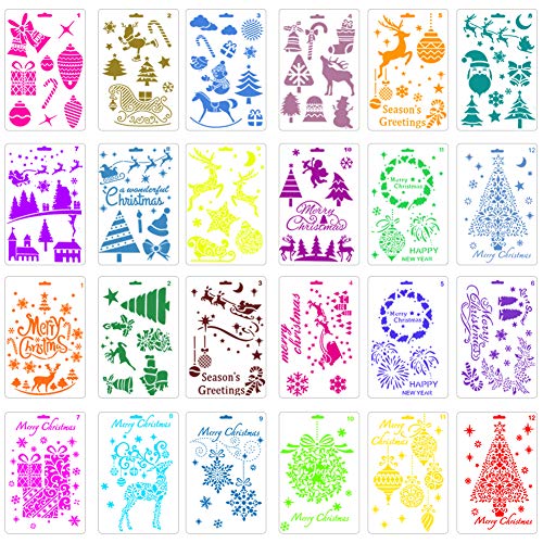 24 stencil natalizi per dipingere alberi di Natale, renne, stivali, angelo, fiocco di neve, set di stencil per diari, scrapbooking, biglietti fai da te