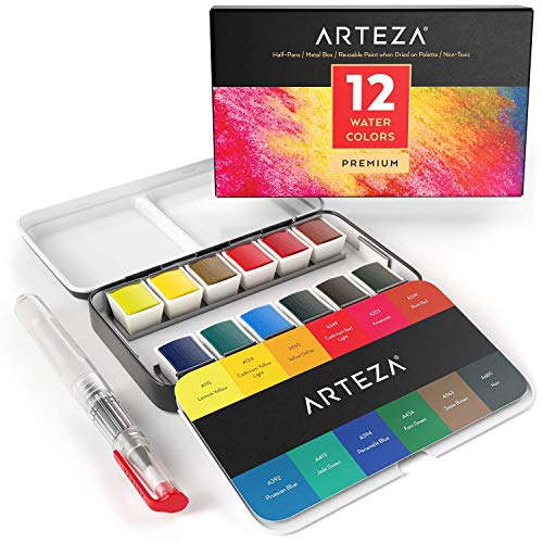 Arteza Pittura Per Acquarelli Set da 12 Mezzi Cofanetti Premium con Brush Pen Acquarellabile, Colori Assortiti, Ideali sia per chi Impara che per l’Esperto di Acquerello
