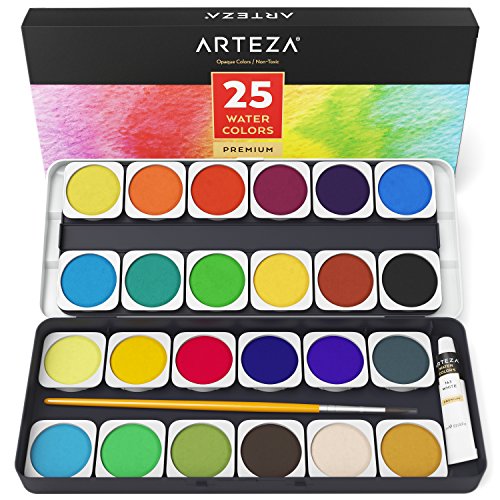 Arteza Set Acquerelli Professionali, 25 Colori Vivaci in Pastiglie, Pennello per Acquarelli Incluso, Ideale Come Primo Set Artistico e da Viaggio per Principianti ma Anche Esperti