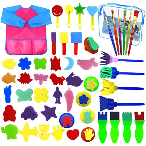 Fodlon Paint Spugne per Bambini, 52 Pezzistrumenti da Disegno per Bambini Prima Educazione Pennelli per Spugna Pennelli in Schiuma di Spugna e Grembiuli Kit di Pittura per Bambini