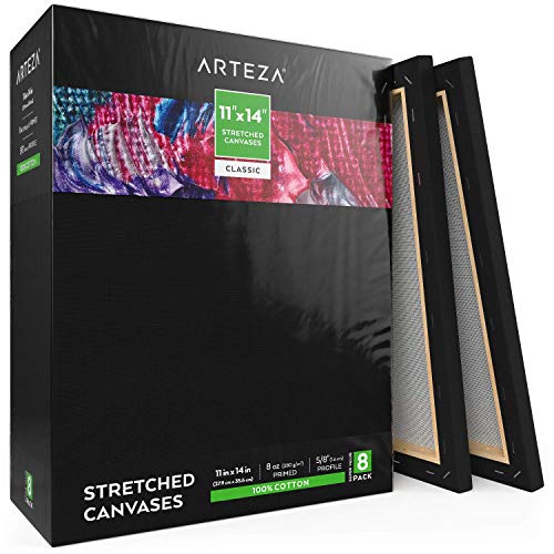 ARTEZA Tela per Dipingere Nera Intelaiata da 11×14 Pollici, Confezione da 8 Tele Pittura Pronte, 100% Cotone, Prive di Acidi, per Colori Acrilici e ad Olio, Pittura Fluida e altre Tecniche Umide