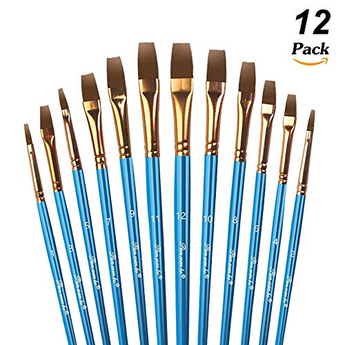 12 Pezzi Pennelli Pittura, Set Pennelli Pittura Nylon Artista Pennello Acrilico Set di Pennelli per Pittura Acrilica e Pittura Ad Olio in Nylon (Piatto)