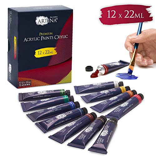 Artina Set Colori Acrilici Crylic 12×22 ml colore per artisti – Set Pittura Acrilica di Alta Qualità per principianti, amatori e professionisti – Kit pittura acrilico – colori in tubetti