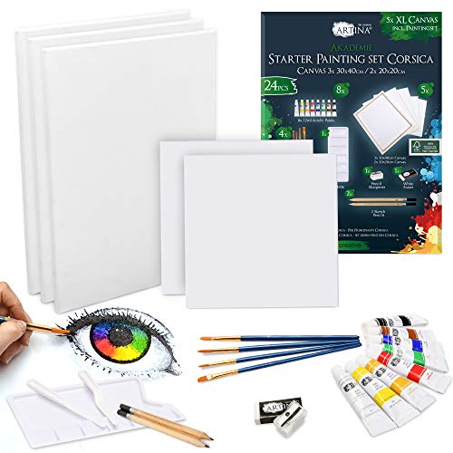 Artina Set di 24 Tele e Colori Acrilici Corsica – Set di colori acrilici con accessori – 5x tele, 8x colori acrilici, pennelli, spatola per pittura e set da disegno – Telaio in Legno