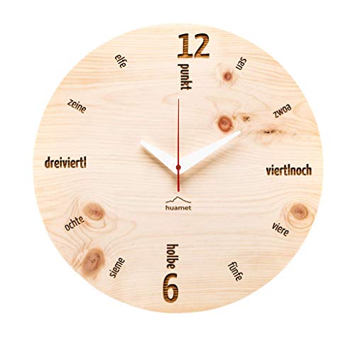 huamet. Orologio da Parete KULTUHR, cirmolo, Rotondo – Vero Legno, Design Unico con dialetto altoatesino, Silenzioso Senza ticchettio – Prodotto di Vera qualità Made in Alto Adige – CH40-C-01