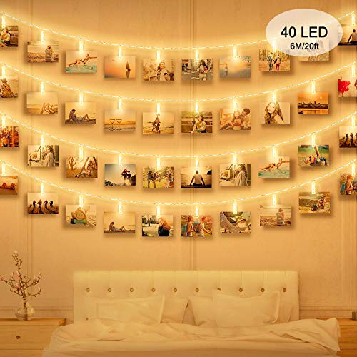 Luci Clip Foto, massway 6M 40 LED Striscia Foto Clip Luce Bianca Calda Luci LED con Foto Mollette per Decorazione Camere Festa di Matrimonio Compleanno