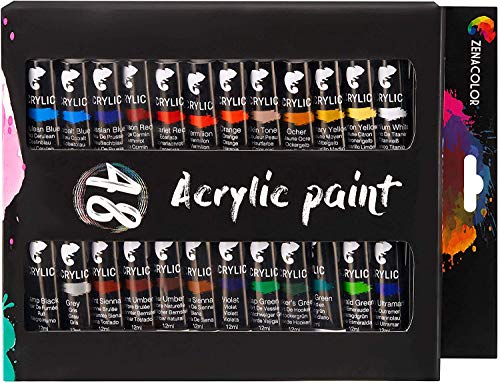 Zenacolor Set da 48 Tubetti di Pittura Acrilica, Colori Acrilici – Confezione da 48 x 12mL