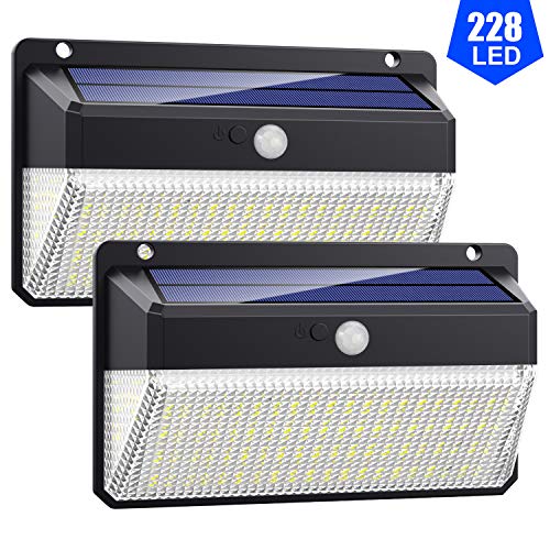 Lampade Solari a da Led Esterno,【 Alta Efficienza 228LED-2200mAh】VOOE Luce Solare Led Esterno Sensore di Movimento 3 Modalità Luci Esterno Energia Solare Impermeabile IP65 per Giardino -2 Pezzi