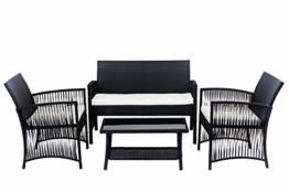 AVANTI TRENDSTORE - Alima - Set di mobili da Giardino in ecorattan Nero con Cuscini Bianchi Inclusi, 2 poltrone Singole, 1 Poltrona a Due posti ed 1 Tavolo con Piano in Vetro Nero. - 1