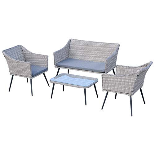 Outsunny Set 4 Pezzi Mobili da Giardino in Rattan (PE), Salotto da Esterni con Tavolo, 2 Sedie, Divano Due posti, Grigio