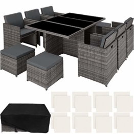 TecTake 403086 - Set di Mobili da Giardino Poli Rattan Arredamento, 6 Sedie 1 Tavolo 4 Sgabelli, Involucro Protettivo, Grigio - 1