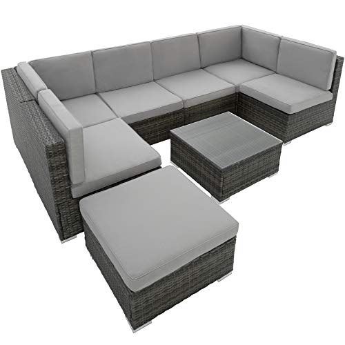 TecTake 800762 Set di Salottino in Rattan, 6 Sedili 1 Sgabello 1 Tavolin con Piano, Resistente alle Intemperie, Viti in Acciaio Inox -Disponibile in Diversi Colori (Grigio | No. 402698)