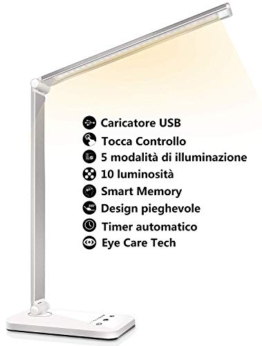 Lampada da scrivania a LED, lampada da tavolo protezione degli occhi, dimmerabile, touch Control,con10 livelli di luminosità 5 modalità di illuminazione, porta di ricarica USB - 1