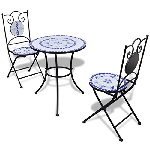vidaXL Mobili da Giardino Esterno Tavolo Mosaico 60 cm e 2 Sedie Blu/Bianco