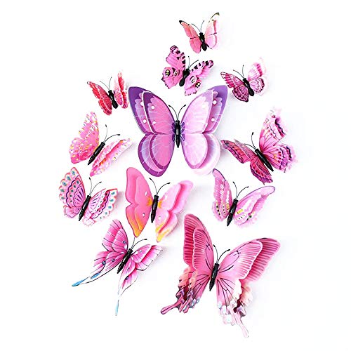 Farfalla artificiale a doppia ali 3D, decorazione di nozze/festa/casa, farfalla di simulazione artigianale, adesivo da parete farfalla misto 6 colori, 12 pezzi (Rosa)