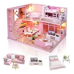 GuDoQi Kit da Casa di Bambole in Legno, Casa delle Bambole in Miniatura Fai da Te con Mobili e Musica, Modello Mini Appartamento Fatto a Mano per Adulti, Dream Angels - 1