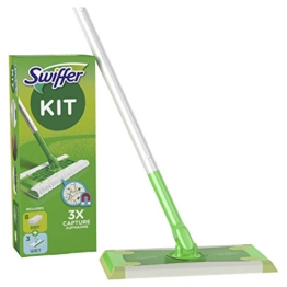 Swiffer Starter Kit Scopa con 1 Manico, 8 Panni Asciutti e 3 Panni Umidi, per Catturare e Intrappolare la Polvere - 1
