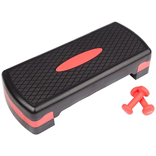 Ultrasport Aerobic Regolazioni da 10 a 15 cm, Workout per la Casa, Tavola Step con Esercizi di Allenamento e 2 Manubri in Vinile 0.75 kg Unisex-Adulto, Nero/Rosso, 68 x 28 x 15 cm