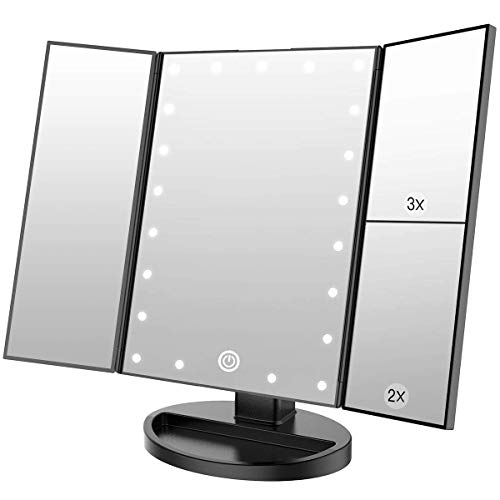 WEILY Specchio cosmetico per Trucco con 21 luci a LED, specchi Cosmetici Illuminati a LED a Doppia Alimentazione con ingrandimento Triplo (Nero)