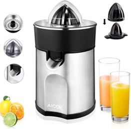 Aicok Spremiagrumi Elettrico 85W in Acciaio Inox con Sistema Antigoccia Flusso Diretto, Accensione Spegnimento Automatico, con 2 Coni Intercambiabili e Setaccio in Acciaio, Argento - 1