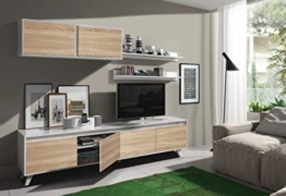 Dmora Parete Attrezzata per Soggiorno, Set Salotto TV con mensole e Mobile pensile, Rovere e Bianco Lucido, 200 x 41 x 85 cm, UNICO - 1