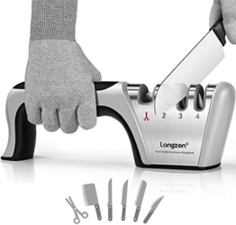 longzon Affilacoltelli Professionale, 4 in 1 Affila Coltelli da Cucina con Due Guanti Antitaglio, Affilacoltelli Manuale per Coltelli Dritti, Coltelli in Ceramica, Forbici, Sicuro e Facile da Usare - 1