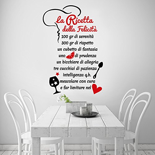 01329 Adesivo murale Wall Art Aforisma – La ricetta della felicità – Misure 60×88 cm – nero e rosso – Decorazione parete, adesivi per muro, carta da parati