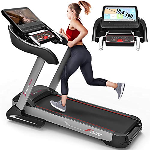 Sportstech – Tapis roulant professionale F50 con display touchscreen Android LCD da 18,5″, oltre 18 km/h, supporto per tablet, USB, Wifi e funzione auto-lubrificante Sowie 15% di pendenza, compatto e pieghevole