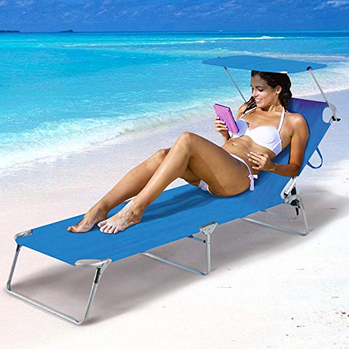 BAKAJI Lettino Prendisole con Tettuccio Parasole Sdraio Pieghevole Salvaspazio, Schienale Regolabile, Struttura in Metallo e Tessuto in Polyestere per Mare Spiaggia Piscina Relax