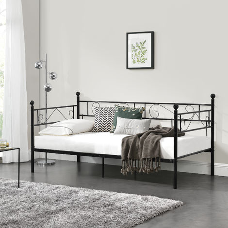 Divano Letto Metallo 200 x 90 cm Sofa Singolo Design Incluso Rete a Doghe Nero