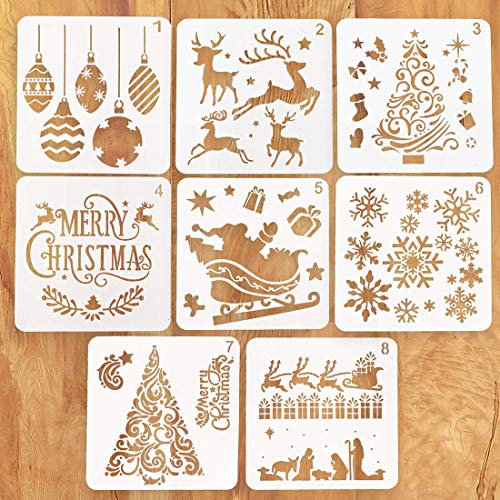 O-Kinee Stencil di Natale, Kit da Disegno per Stencil in plastica Riutilizzabile di Natale, Set di 8 Stencil per La Decorazione di Natale Fai da Te