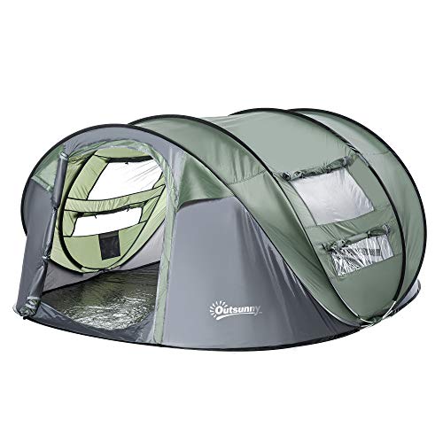 Outsunny Tenda da Campeggio Pop Up 4-5 Posti, 2 Porte e 4 Finestre Telo Impermeabile, 263.5x220x123cm Verde Scuro
