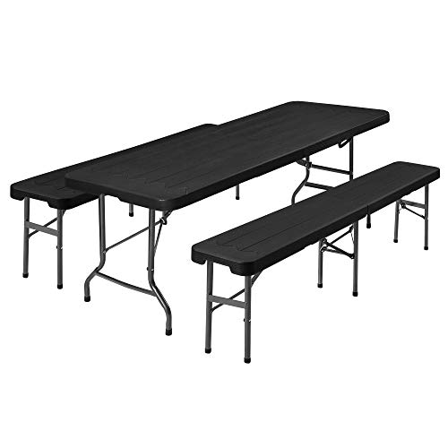 SONGMICS Set di Mobili Pieghevoli da Giardino, Tavolo da Giardino con Superficie in Plastica di Venatura del Legno, 2…