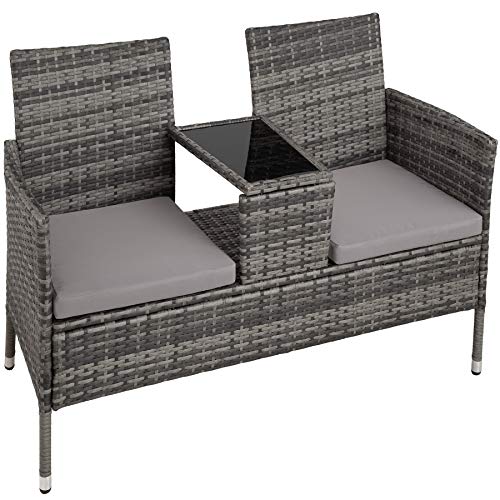 TecTake 403223 Divano da Giardino, Divanetto Tavolino da Giardino, Polyrattan, Cuscini, Grigio
