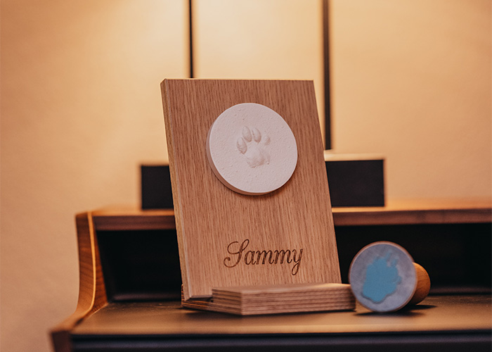 Katzenpfotenabdruck auf Holztafel mit Stempel