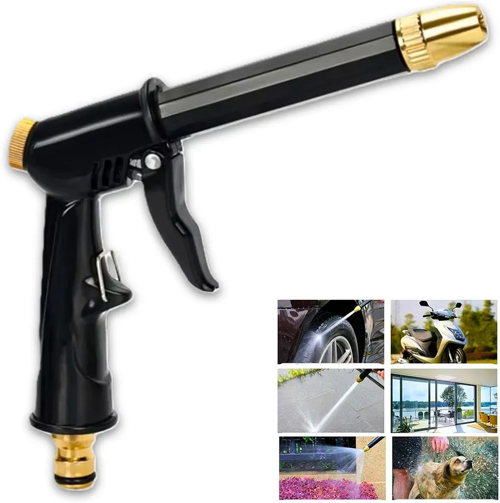 High Pressure Water Spray Gun Nozzle for Water Pipe | Jet Sprayer Washer for Car, Bike, Garden Cleaning & Plant Watering | Adjustable Metal Water Pressure Gun with Ergonomic Handle (Black & Gold)