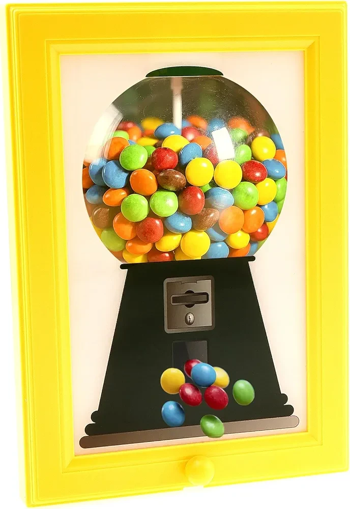 Wall Mounted Gumball Machine Picture Frame Sweet Dispenser Gumball Machine in Frames Cute Hanging Candy Frame for Candies Nuts(No Candy) (Yellow)