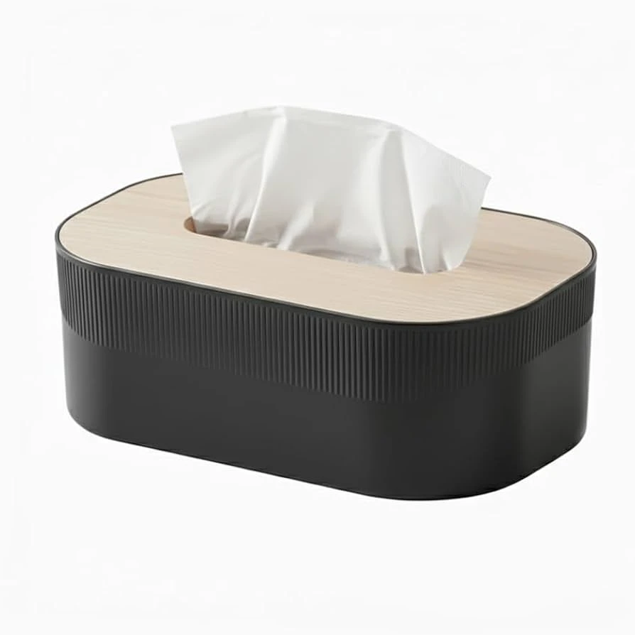 Modern Wave Tissue Box Cover with Wood-Style Top – Rectangular Napkin Holder for Home, Office, Bathroom & Living Room