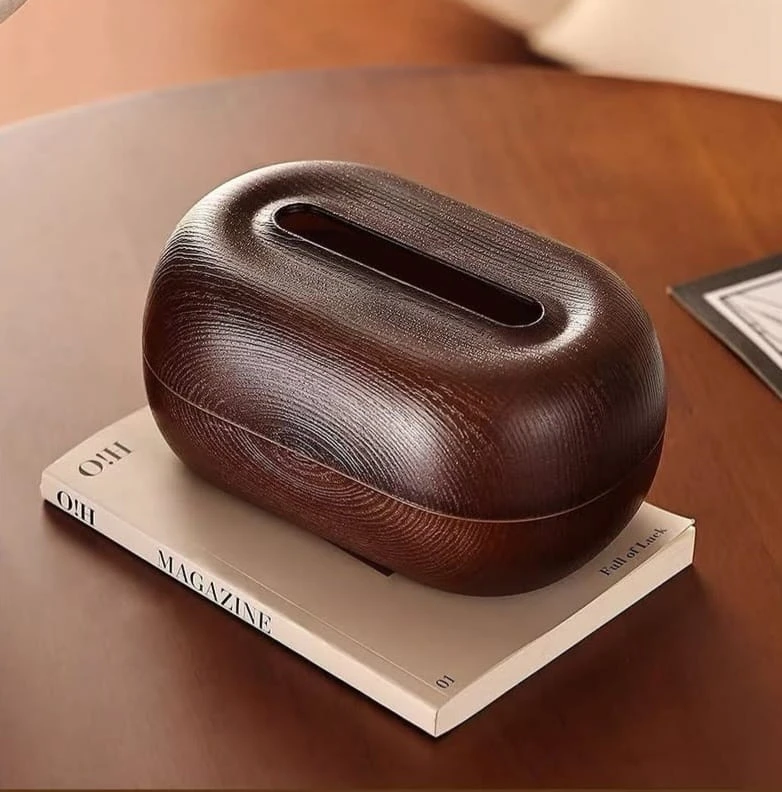 Luxury Wood-Style Tissue Box Cover – Rounded Decorative Napkin Holder for Living Room, Office & Bedroom