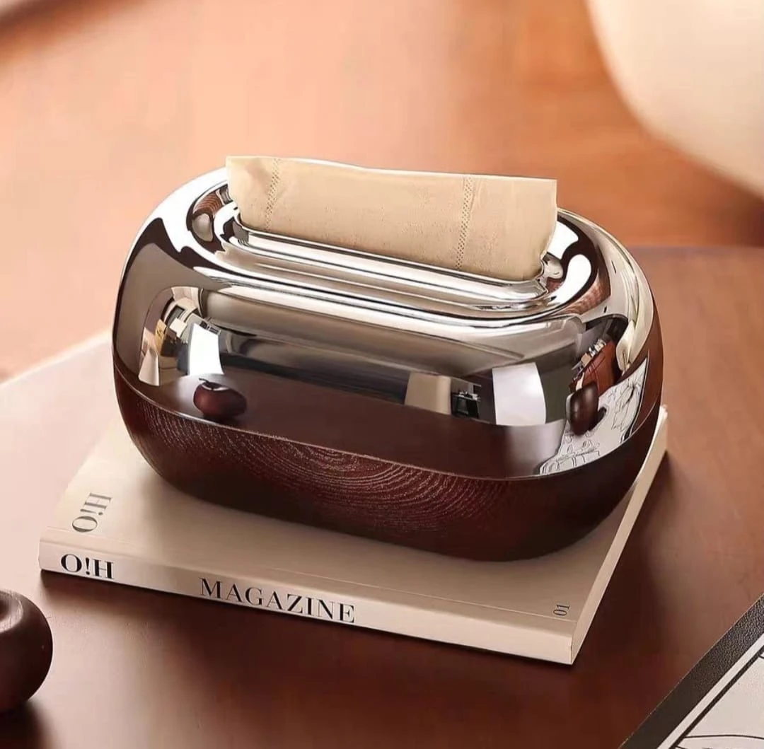 Wood Mirror Stainless Style Tissue Box Cover – Luxury Rounded Decorative Napkin Holder for Living Room, Office & Bedroom