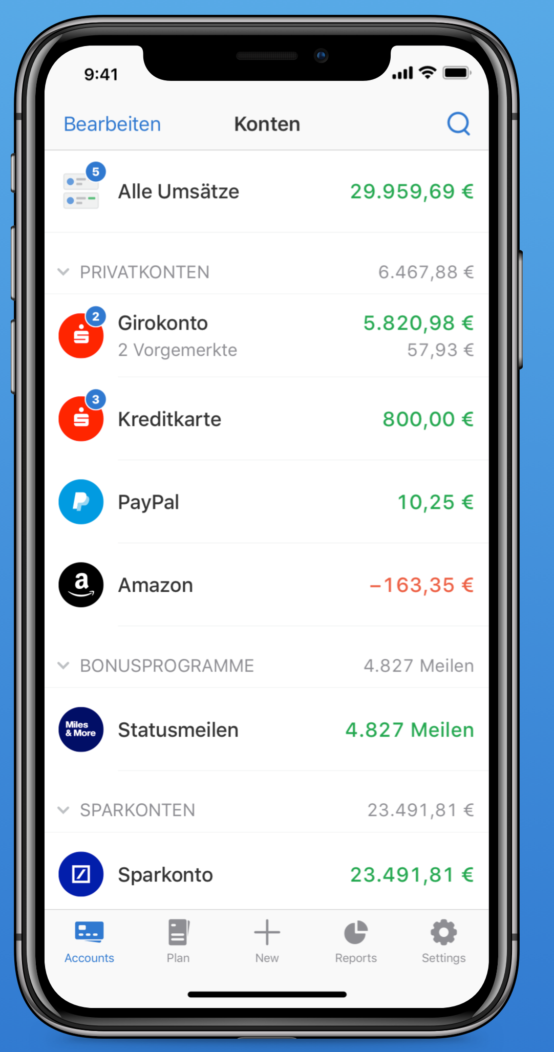 Outbank präsentiert Dir alle Deine Konten übersichtlich auf einen Blick.